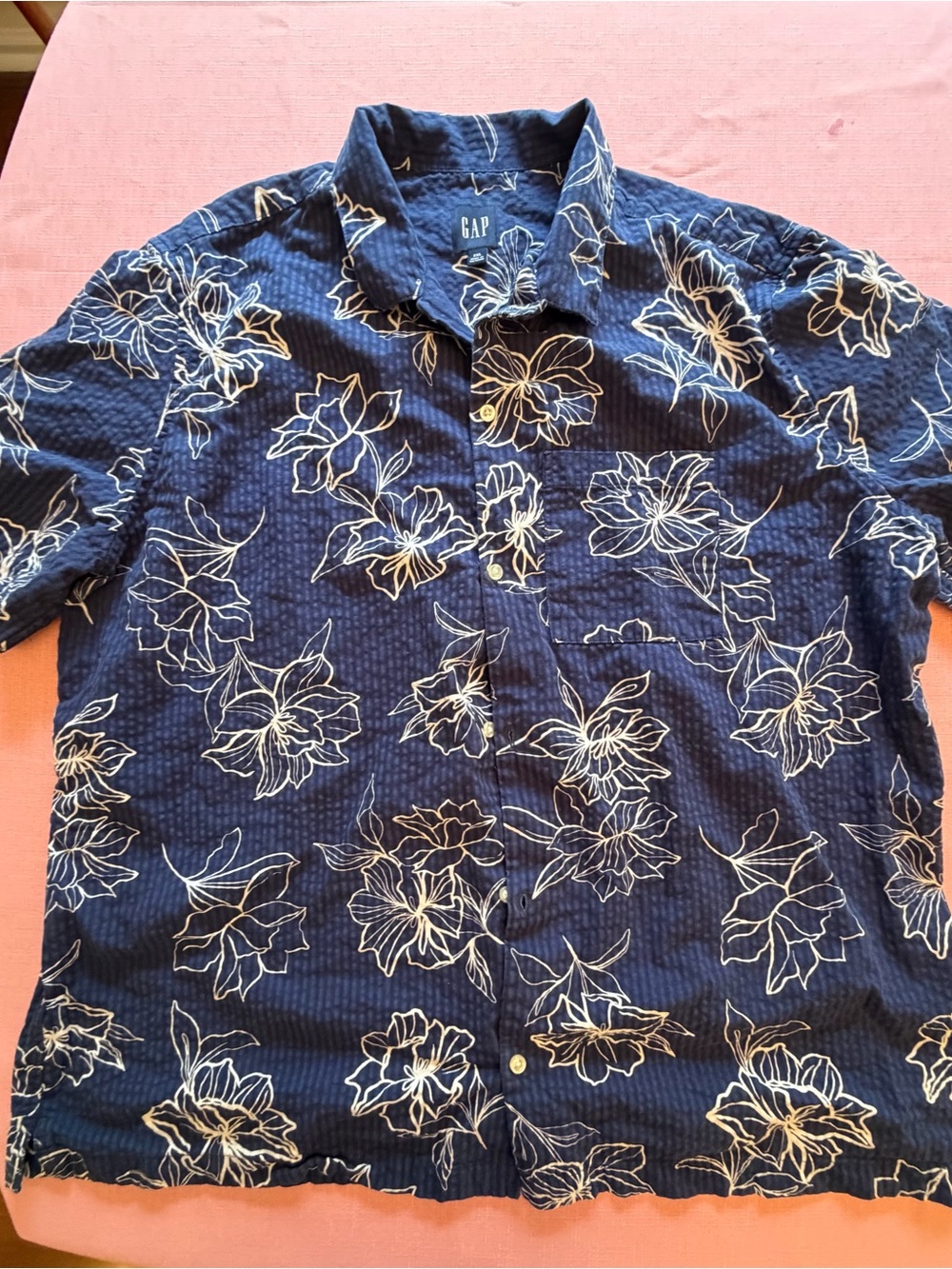 GAP Men’s XXL Navy Blue Seersucker Floral Button-Down short sleeve Shirt
